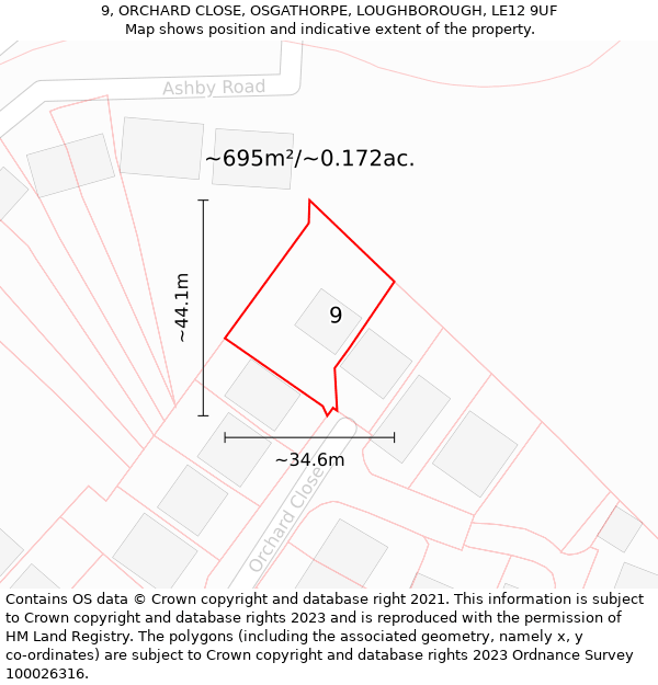 9, ORCHARD CLOSE, OSGATHORPE, LOUGHBOROUGH, LE12 9UF: Plot and title map