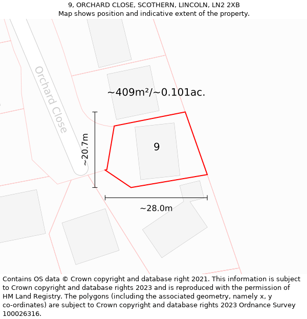 9, ORCHARD CLOSE, SCOTHERN, LINCOLN, LN2 2XB: Plot and title map