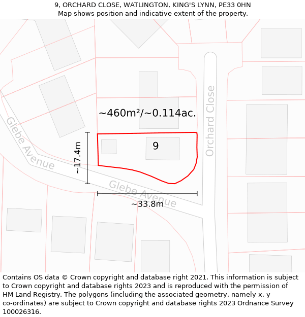 9, ORCHARD CLOSE, WATLINGTON, KING'S LYNN, PE33 0HN: Plot and title map