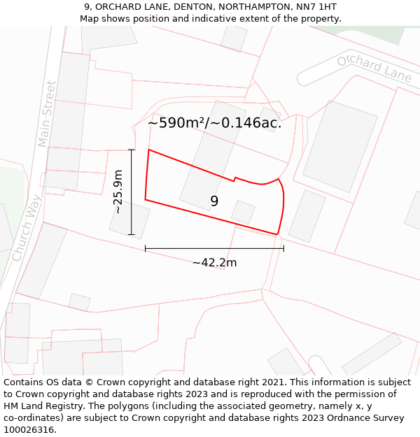 9, ORCHARD LANE, DENTON, NORTHAMPTON, NN7 1HT: Plot and title map