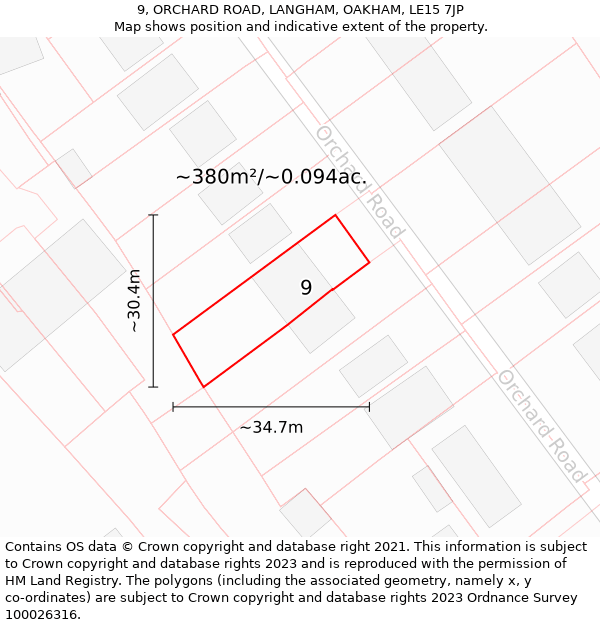 9, ORCHARD ROAD, LANGHAM, OAKHAM, LE15 7JP: Plot and title map