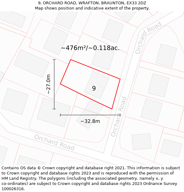 9, ORCHARD ROAD, WRAFTON, BRAUNTON, EX33 2DZ: Plot and title map