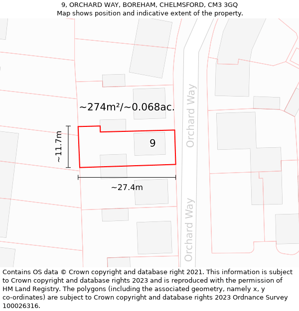 9, ORCHARD WAY, BOREHAM, CHELMSFORD, CM3 3GQ: Plot and title map