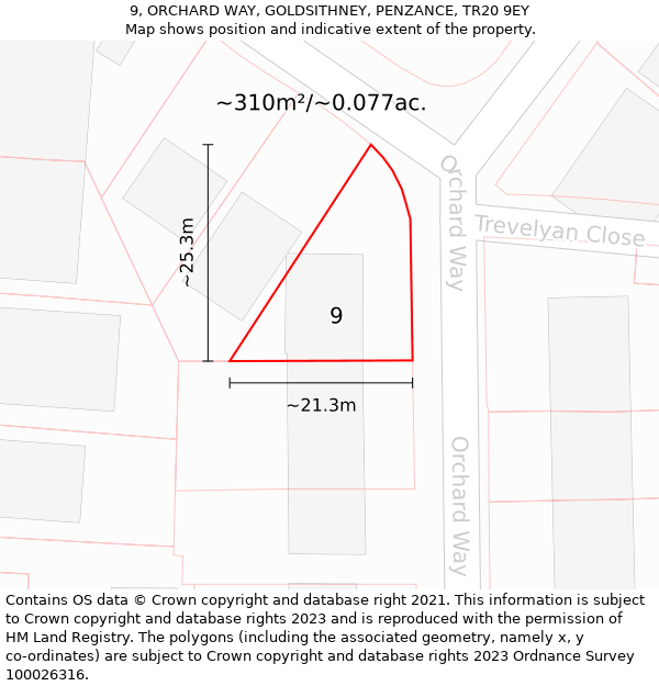 9, ORCHARD WAY, GOLDSITHNEY, PENZANCE, TR20 9EY: Plot and title map