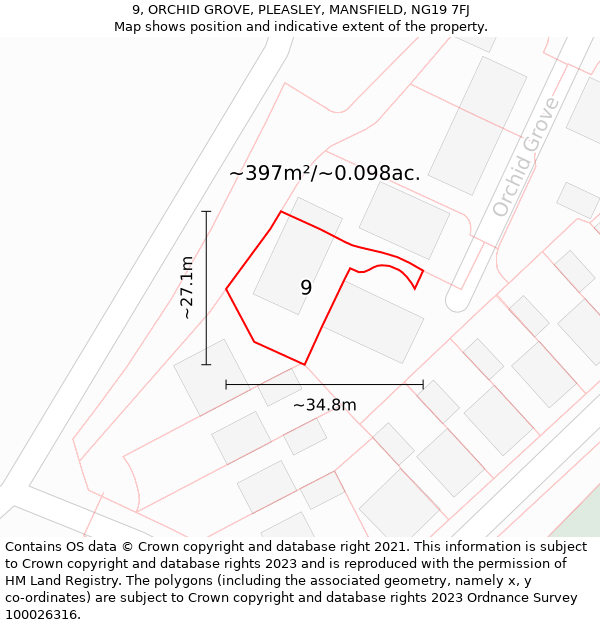 9, ORCHID GROVE, PLEASLEY, MANSFIELD, NG19 7FJ: Plot and title map