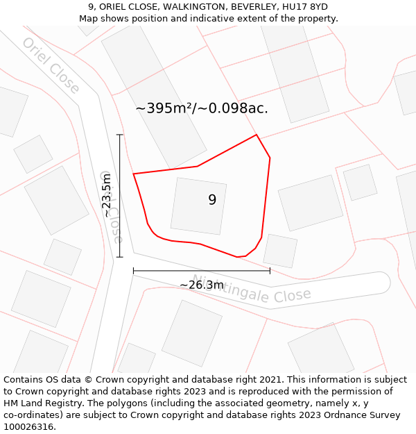 9, ORIEL CLOSE, WALKINGTON, BEVERLEY, HU17 8YD: Plot and title map