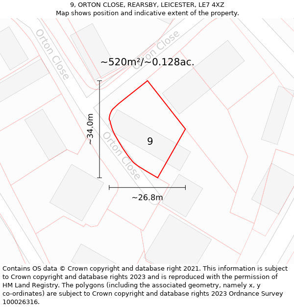 9, ORTON CLOSE, REARSBY, LEICESTER, LE7 4XZ: Plot and title map