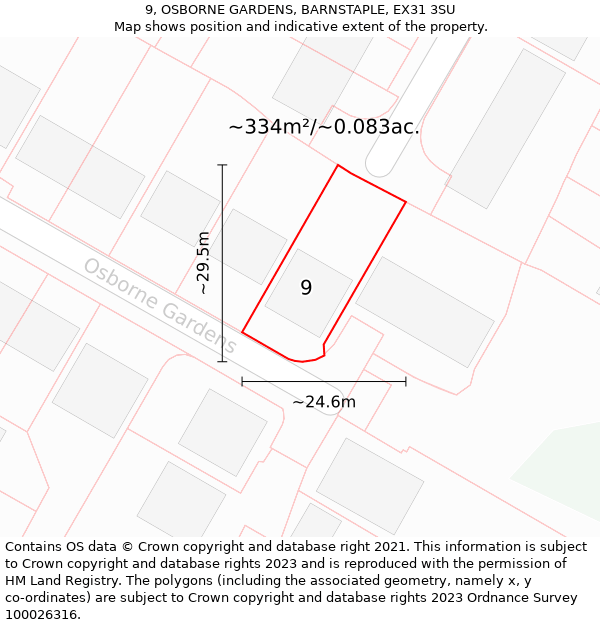 9, OSBORNE GARDENS, BARNSTAPLE, EX31 3SU: Plot and title map