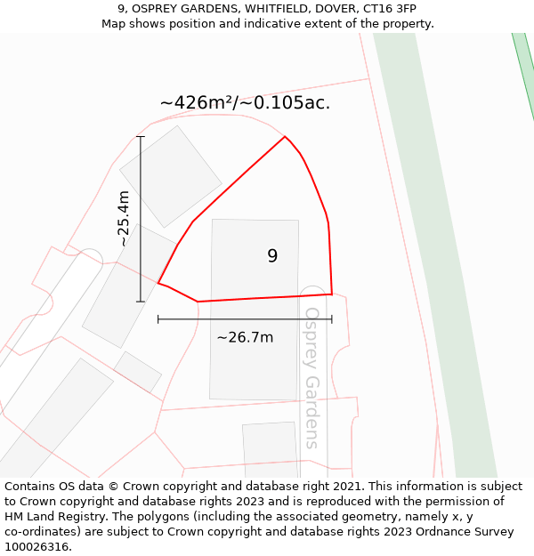 9, OSPREY GARDENS, WHITFIELD, DOVER, CT16 3FP: Plot and title map