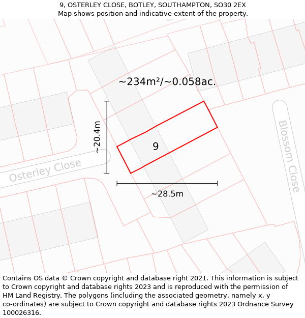 9, OSTERLEY CLOSE, BOTLEY, SOUTHAMPTON, SO30 2EX: Plot and title map