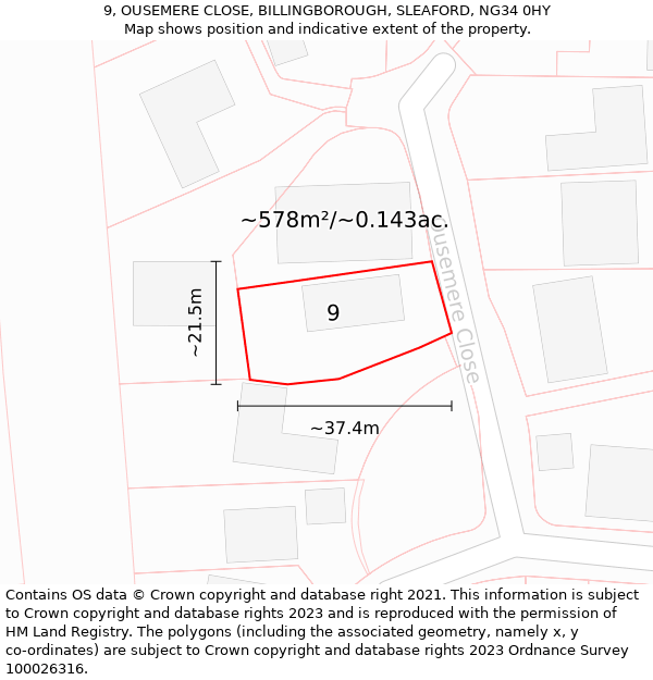 9, OUSEMERE CLOSE, BILLINGBOROUGH, SLEAFORD, NG34 0HY: Plot and title map