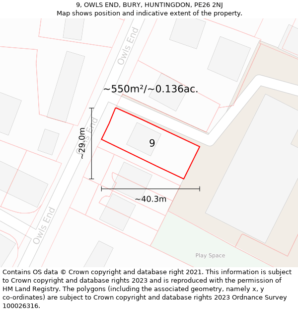 9, OWLS END, BURY, HUNTINGDON, PE26 2NJ: Plot and title map