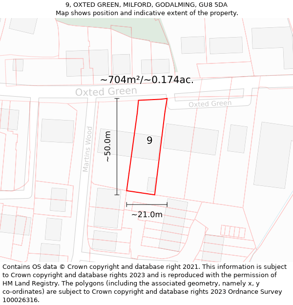 9, OXTED GREEN, MILFORD, GODALMING, GU8 5DA: Plot and title map