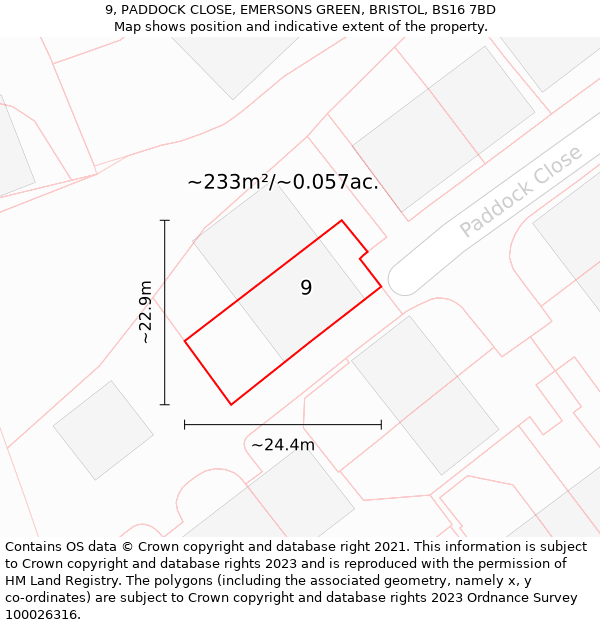 9, PADDOCK CLOSE, EMERSONS GREEN, BRISTOL, BS16 7BD: Plot and title map