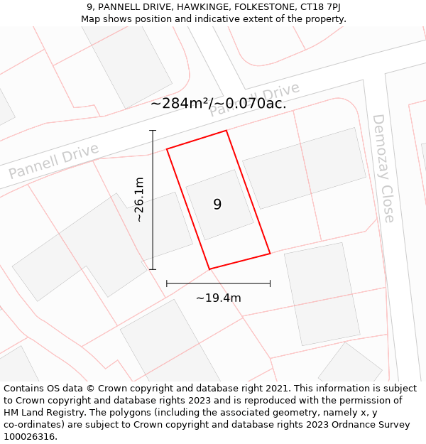 9, PANNELL DRIVE, HAWKINGE, FOLKESTONE, CT18 7PJ: Plot and title map