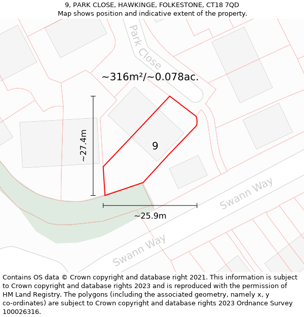 9, PARK CLOSE, HAWKINGE, FOLKESTONE, CT18 7QD: Plot and title map