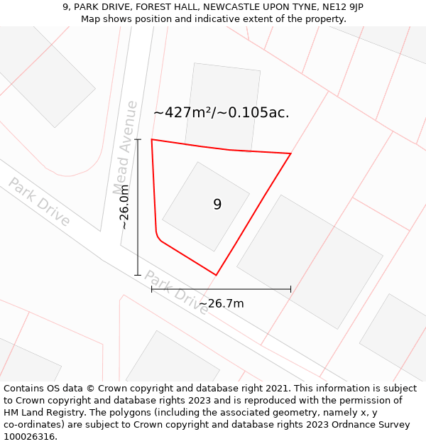 9, PARK DRIVE, FOREST HALL, NEWCASTLE UPON TYNE, NE12 9JP: Plot and title map