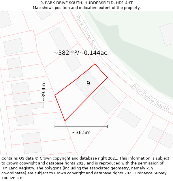 9, PARK DRIVE SOUTH, HUDDERSFIELD, HD1 4HT: Plot and title map