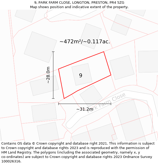 9, PARK FARM CLOSE, LONGTON, PRESTON, PR4 5ZG: Plot and title map