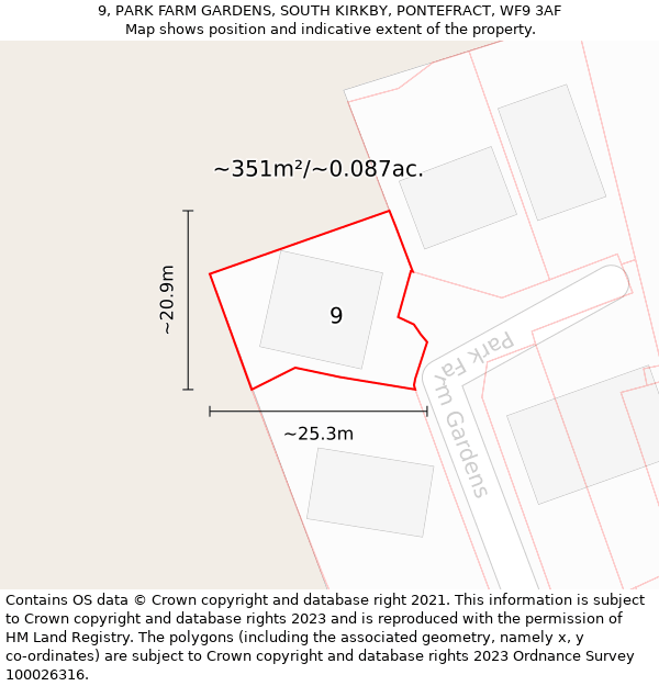 9, PARK FARM GARDENS, SOUTH KIRKBY, PONTEFRACT, WF9 3AF: Plot and title map