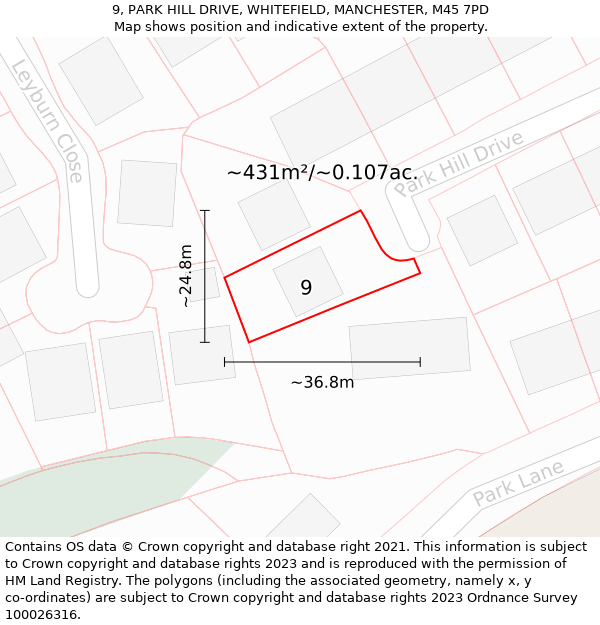 9, PARK HILL DRIVE, WHITEFIELD, MANCHESTER, M45 7PD: Plot and title map