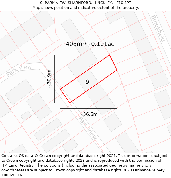 9, PARK VIEW, SHARNFORD, HINCKLEY, LE10 3PT: Plot and title map