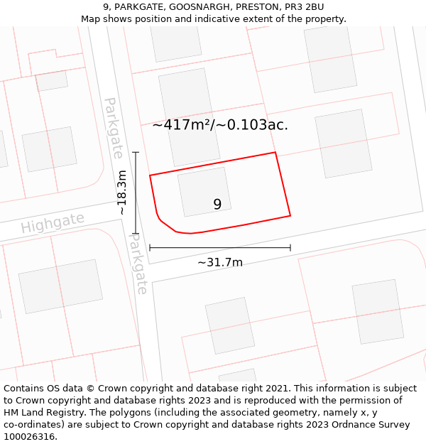 9, PARKGATE, GOOSNARGH, PRESTON, PR3 2BU: Plot and title map