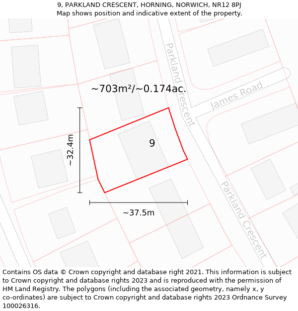 9, PARKLAND CRESCENT, HORNING, NORWICH, NR12 8PJ: Plot and title map