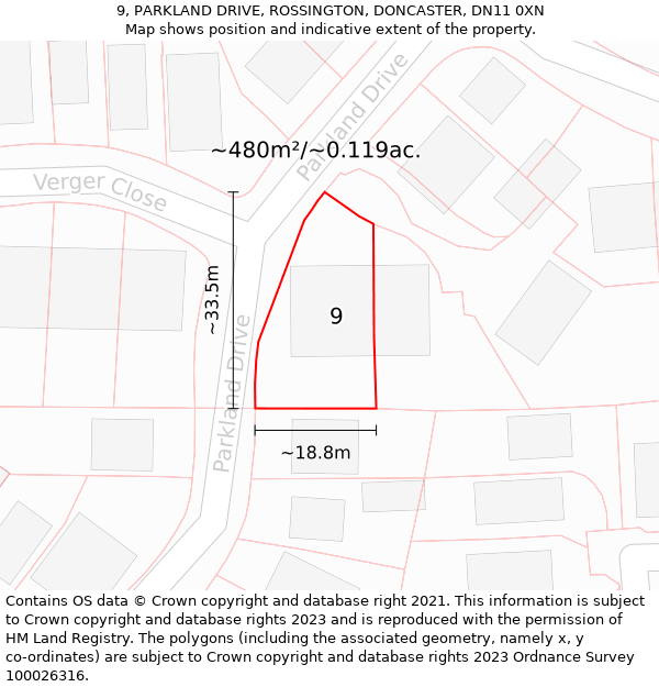 9, PARKLAND DRIVE, ROSSINGTON, DONCASTER, DN11 0XN: Plot and title map