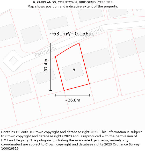 9, PARKLANDS, CORNTOWN, BRIDGEND, CF35 5BE: Plot and title map