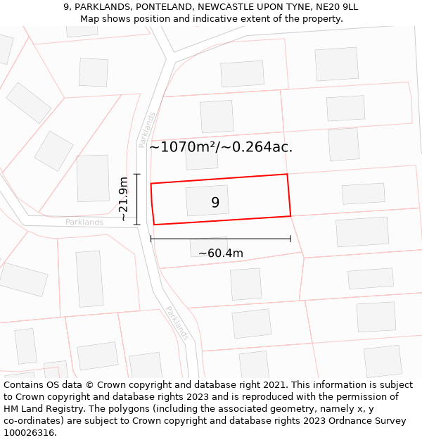 9, PARKLANDS, PONTELAND, NEWCASTLE UPON TYNE, NE20 9LL: Plot and title map