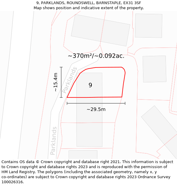 9, PARKLANDS, ROUNDSWELL, BARNSTAPLE, EX31 3SF: Plot and title map