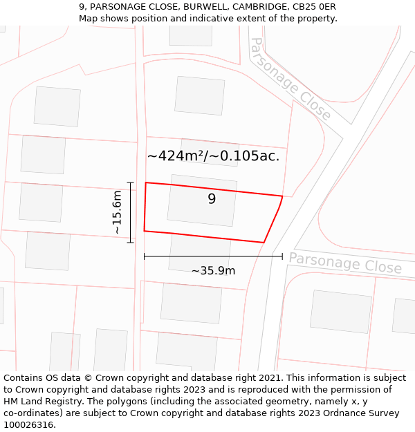 9, PARSONAGE CLOSE, BURWELL, CAMBRIDGE, CB25 0ER: Plot and title map