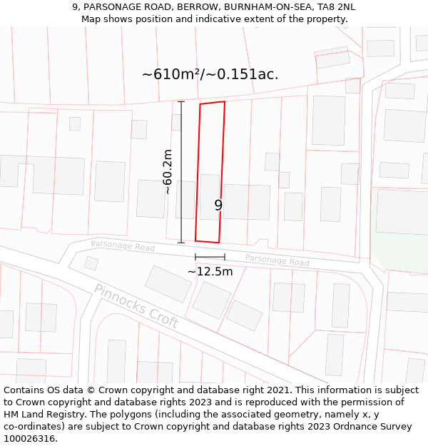 9, PARSONAGE ROAD, BERROW, BURNHAM-ON-SEA, TA8 2NL: Plot and title map