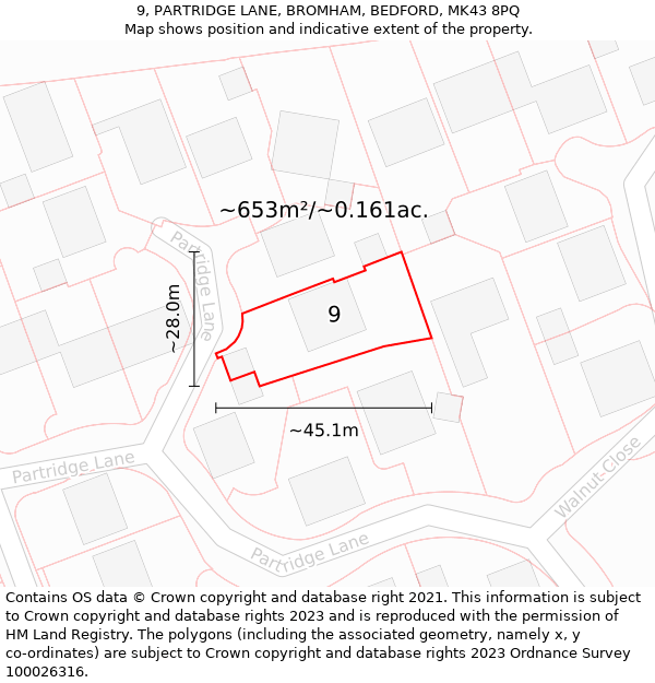 9, PARTRIDGE LANE, BROMHAM, BEDFORD, MK43 8PQ: Plot and title map