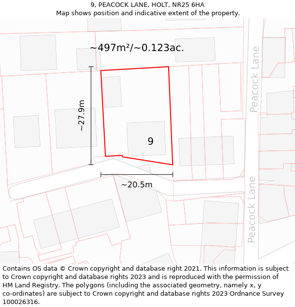 9, PEACOCK LANE, HOLT, NR25 6HA: Plot and title map