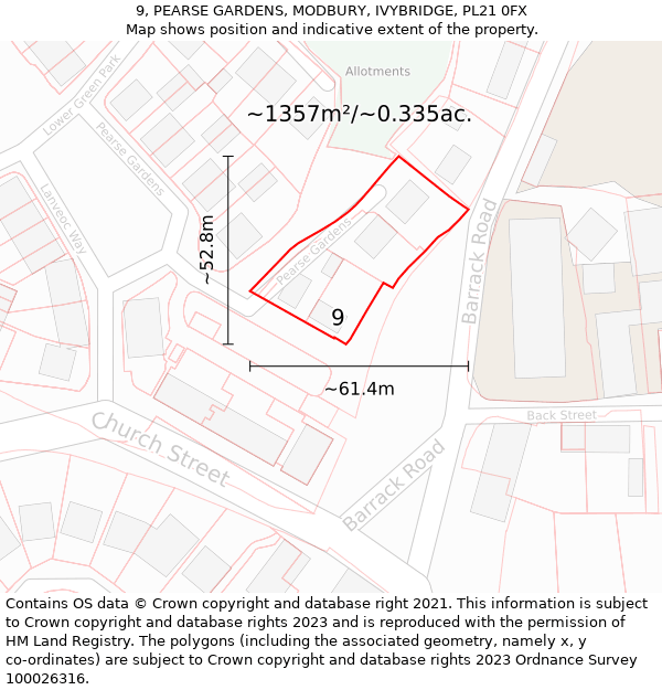 9, PEARSE GARDENS, MODBURY, IVYBRIDGE, PL21 0FX: Plot and title map