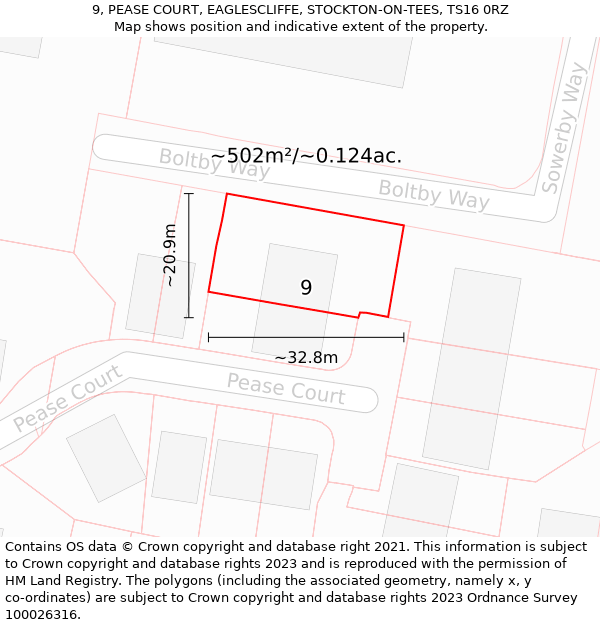 9, PEASE COURT, EAGLESCLIFFE, STOCKTON-ON-TEES, TS16 0RZ: Plot and title map