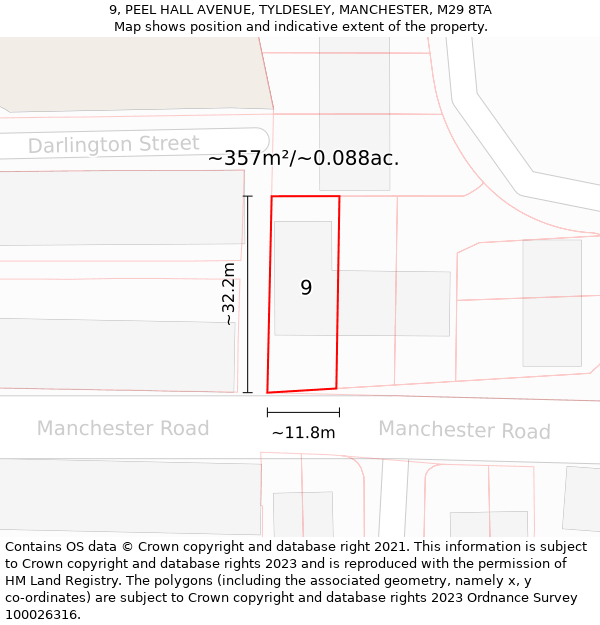 9, PEEL HALL AVENUE, TYLDESLEY, MANCHESTER, M29 8TA: Plot and title map