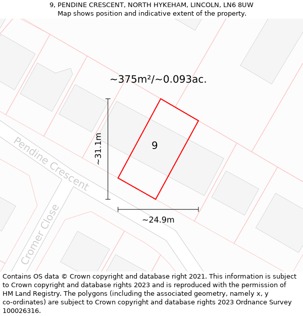 9, PENDINE CRESCENT, NORTH HYKEHAM, LINCOLN, LN6 8UW: Plot and title map