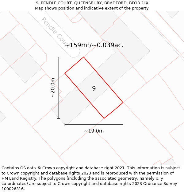 9, PENDLE COURT, QUEENSBURY, BRADFORD, BD13 2LX: Plot and title map