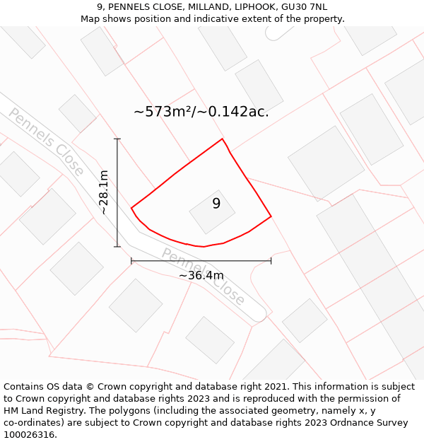 9, PENNELS CLOSE, MILLAND, LIPHOOK, GU30 7NL: Plot and title map