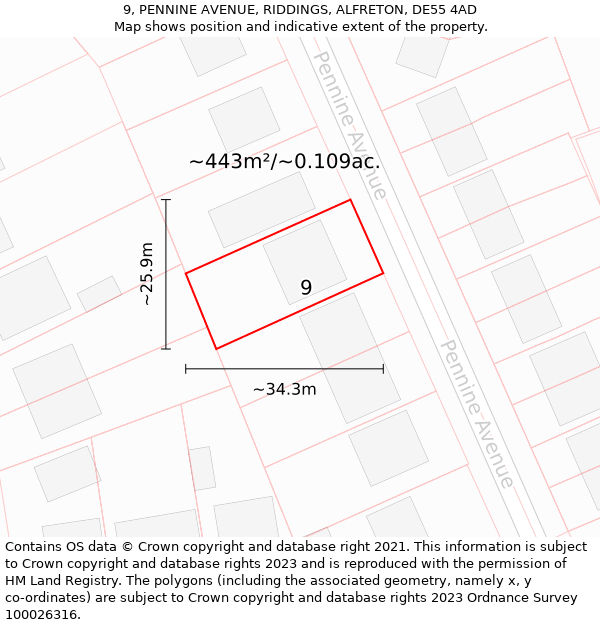 9, PENNINE AVENUE, RIDDINGS, ALFRETON, DE55 4AD: Plot and title map