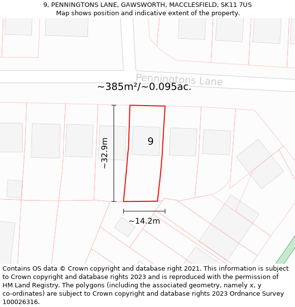 9, PENNINGTONS LANE, GAWSWORTH, MACCLESFIELD, SK11 7US: Plot and title map