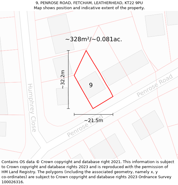 9, PENROSE ROAD, FETCHAM, LEATHERHEAD, KT22 9PU: Plot and title map