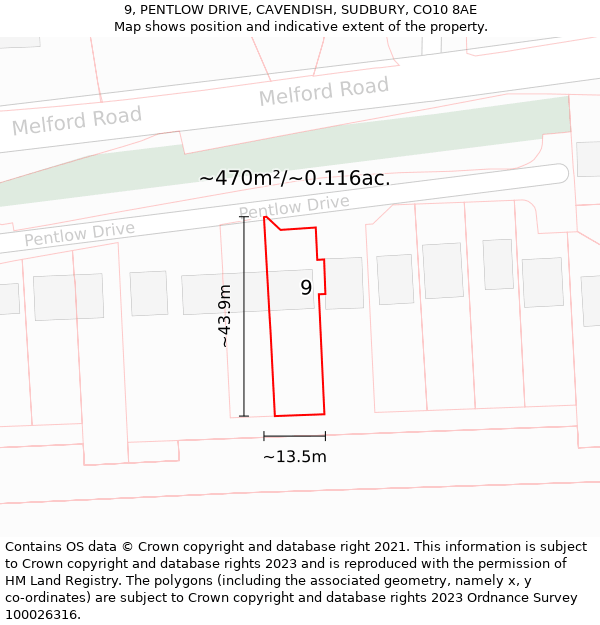 9, PENTLOW DRIVE, CAVENDISH, SUDBURY, CO10 8AE: Plot and title map