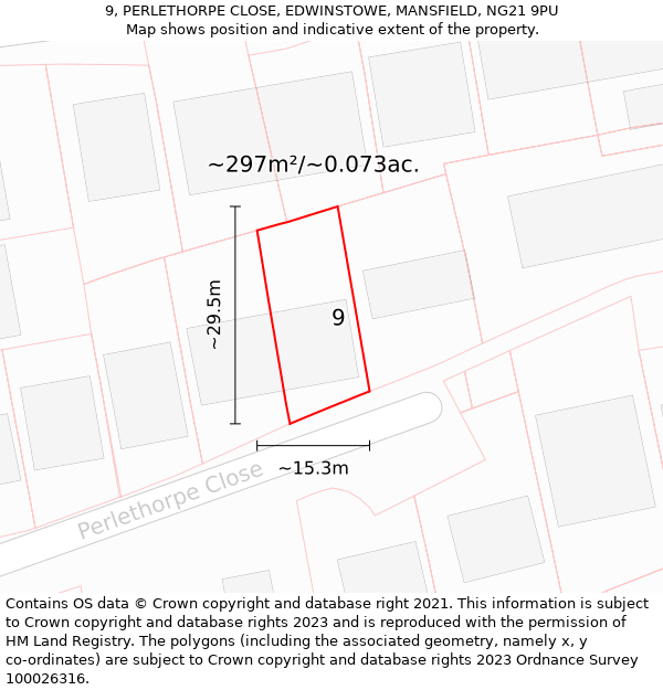 9, PERLETHORPE CLOSE, EDWINSTOWE, MANSFIELD, NG21 9PU: Plot and title map