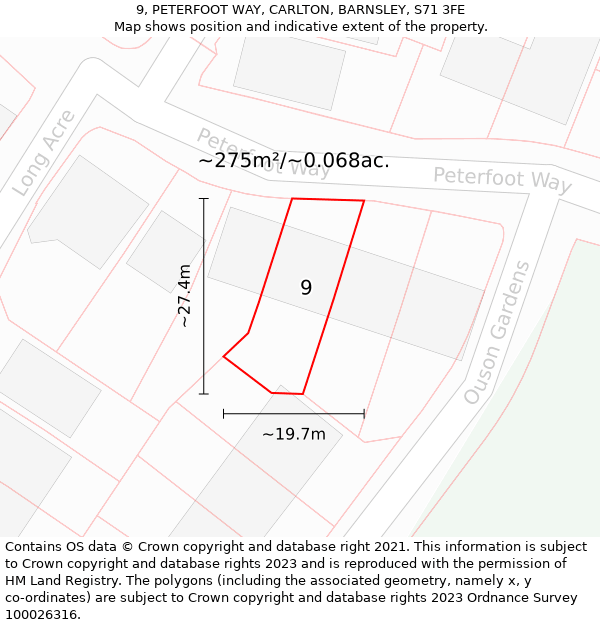 9, PETERFOOT WAY, CARLTON, BARNSLEY, S71 3FE: Plot and title map