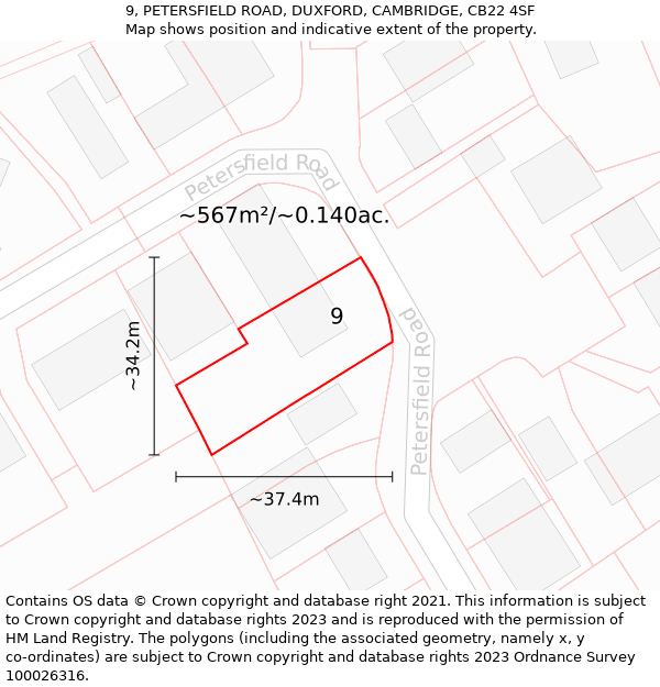 9, PETERSFIELD ROAD, DUXFORD, CAMBRIDGE, CB22 4SF: Plot and title map