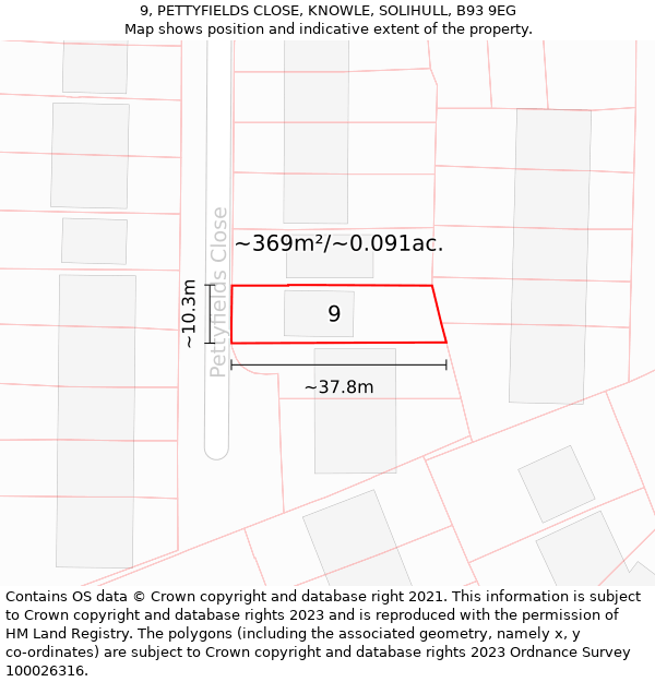 9, PETTYFIELDS CLOSE, KNOWLE, SOLIHULL, B93 9EG: Plot and title map